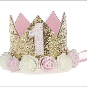 First birthday crown, sparkle gold with roses, comfortable elastic band